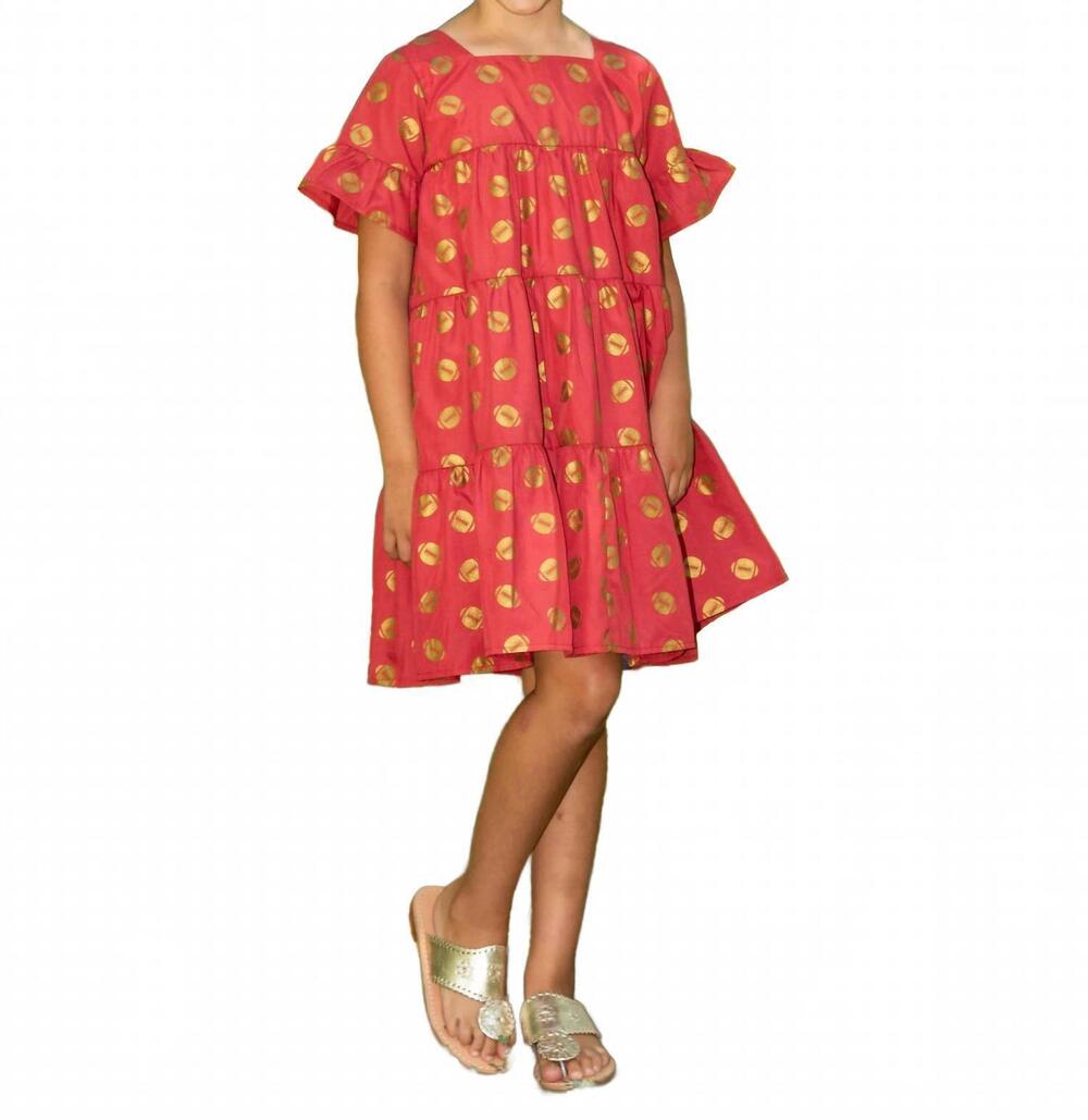 NEW THE YELLOW LAMB girl's game day tiered dress with footballs in red